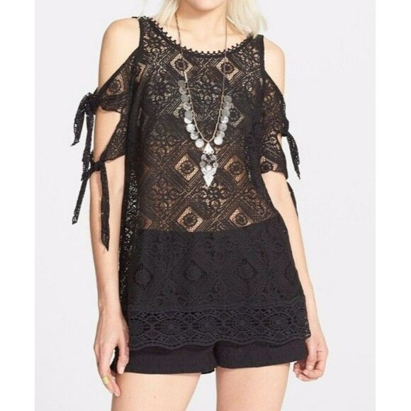 Free People Geo Sands Lagoon Green Crochet Lace Cold Shoulder Top BoHo Small NEW - Picture 2 of 8